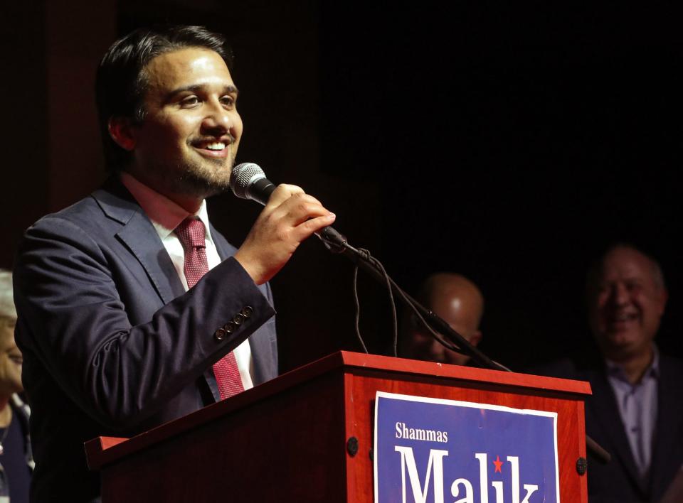 Shammas Malik, Akron mayor-elect, addresses the attendees at the election night party at The KnightStage at the Civic in Akron on Tuesday.