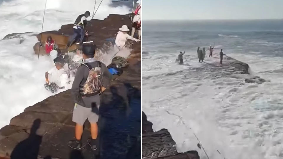 People are seen rushing from the rocks as the wave hits, one man was rescued from the surf, the ABC reported. Source: 