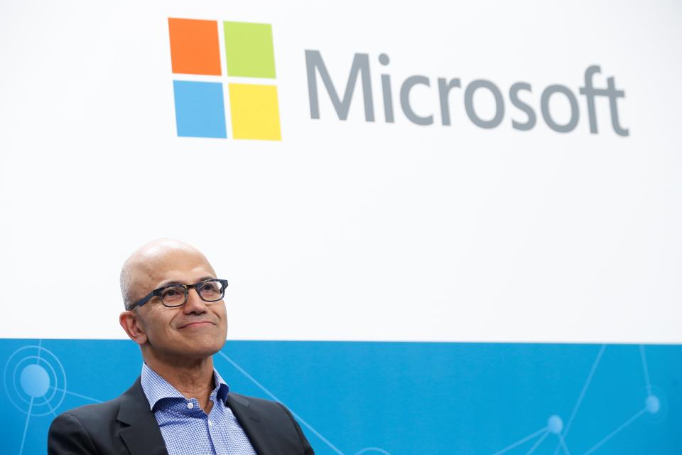 BERLIN, GERMANY - FEBRUARY 27: CEO of Microsoft Satya Nadella and CEO of Volkswagen, Herbert Diess (not seen) attend a session during their visit to Volkswagen Digital Lab in Berlin, Germany on February 27, 2019. (Photo by Abdulhamid Hosbas/Anadolu Agency/Getty Images)