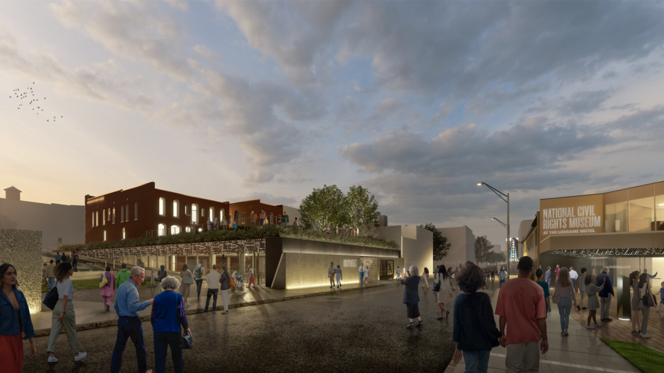 This artist's rendering shows a view looking south down Mulberry, with the "Lorraine Motel" original National Civil Rights Museum building on the right and the planned expanded and redesigned Legacy Building and "BlueCross Healthy Place at Founders Park" on the left.