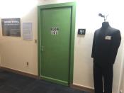 In this Oct. 23, 2019, photo, an artist interpretation of the torture room from George Orwell's 1949 novel "1984" is shown at an exhibit in Albuquerque, N.M., celebrating the author's legacy. The exhibit at the University of New Mexico is tackling the themes of the novelist's work from "1984" to "Animal Farm." "George Orwell: His Enduring Legacy," which runs to April 2020, features posters and material related to work challenging totalitarianism. (AP Photo/ Russell Contreras)