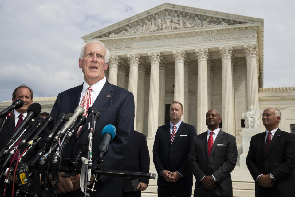 FILE - Tennessee Attorney General Herbert Slatery speaks to reporters in front of the U.S. Supreme Court on Sept. 9, 2019, in Washington. A federal court on Tuesday, June 28, 2022, allowed Tennessee's ban on abortion as early as six weeks into pregnancy to take effect, citing the Supreme Court's decision last week to overturn the landmark Roe v. Wade abortion rights case. Slatery filed an emergency motion on Friday, June 24, to allow the state to begin implementing the six-week ban. (AP Photo/Manuel Balce Ceneta, File)