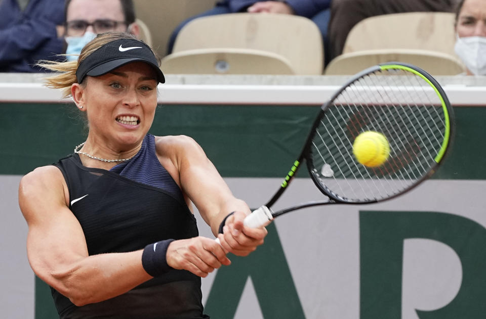 Spain's Paula Badosa playes a return to Romania's Ana Bogdan during their third round match on day 6, of the French Open tennis tournament at Roland Garros in Paris, France, Friday, June 4, 2021. (AP Photo/Michel Euler)