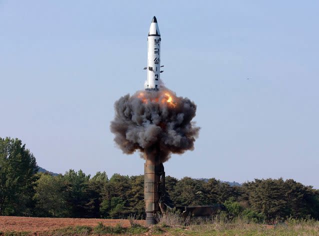 A solid-fuel 'Pukguksong-2' missile lifts off during its launch test at an undisclosed location in North Korea. Source: AP