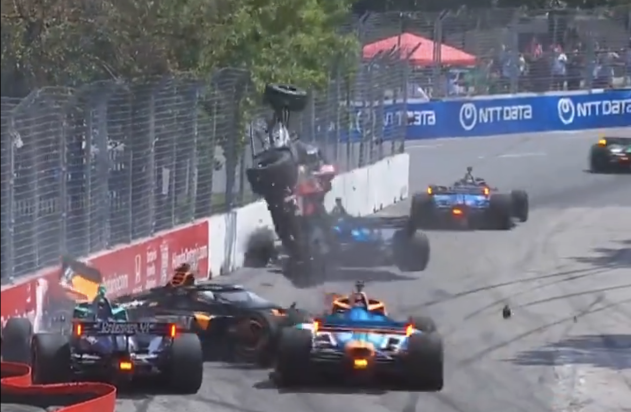 Santino Ferrucci's car went airborne in the late laps in the Honda Indy Toronto. (via NBC Sports)