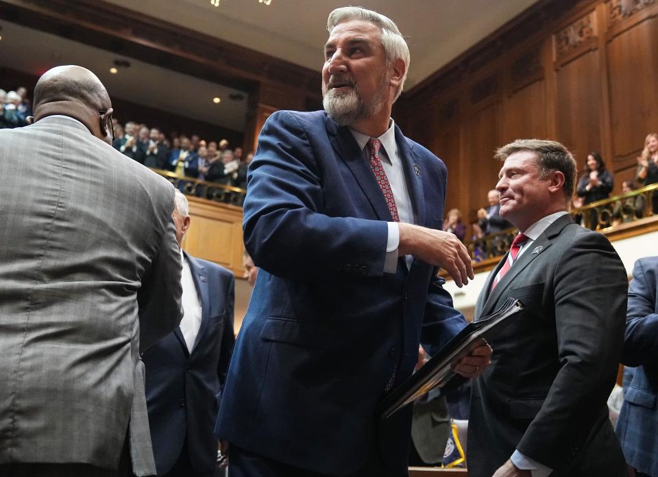 Gov. Eric Holcomb proposed $25 million in funding toward public land acquisition, thrilling Hoosiers who value outdoor areas. Here, Holcomb makes his way to the podium during the State of the State address by Gov. Eric Holcomb on Tuesday, Jan. 10, 2023 at the Indiana State Capitol in Indianapolis.