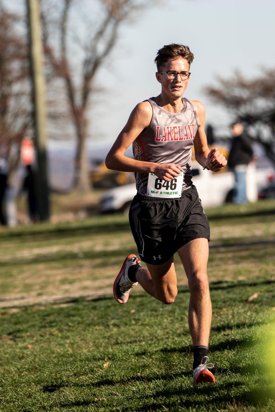 The State Sectional Cross-Country championships are held in Woodland Park, NJ on Saturday October 29, 2022. Owen Horevay with Lakeland Regional High School takes first in the group two boys race. 