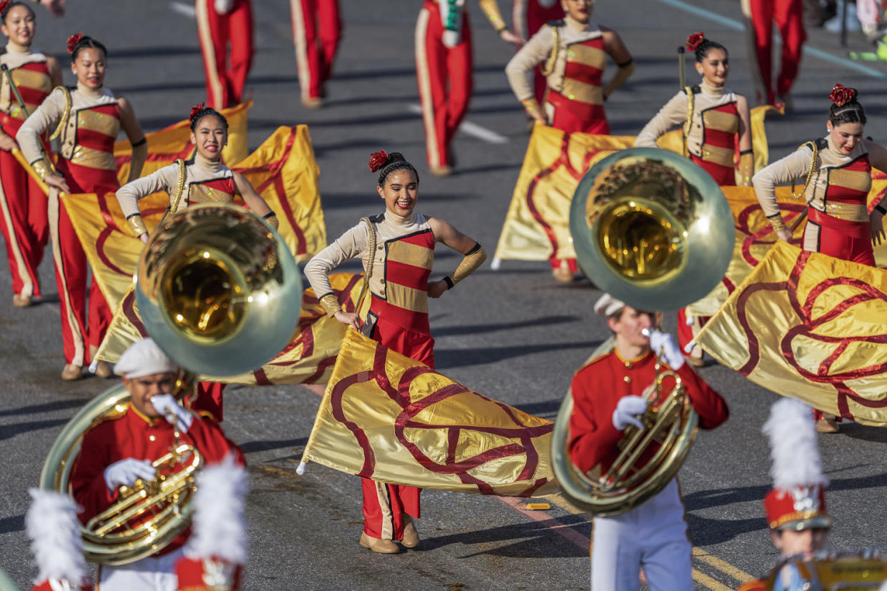 Band dancers performs for fans at the 134th Tournament of Roses Parade in Pasadena, Calif. on Jan. 2, 2023.  (Jason Allen / Getty Images)
