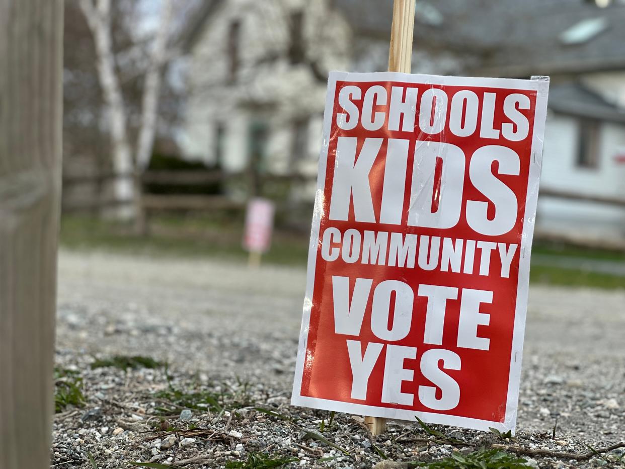 A sign in a Williston neighborhood encourages voters to pass the Champlain Valley School District budget during a revote on April 16, 2024.