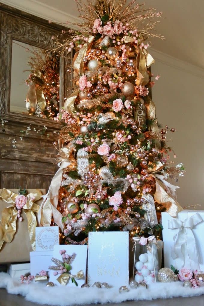 5) Pink Florals and Gold Metallics Christmas Tree