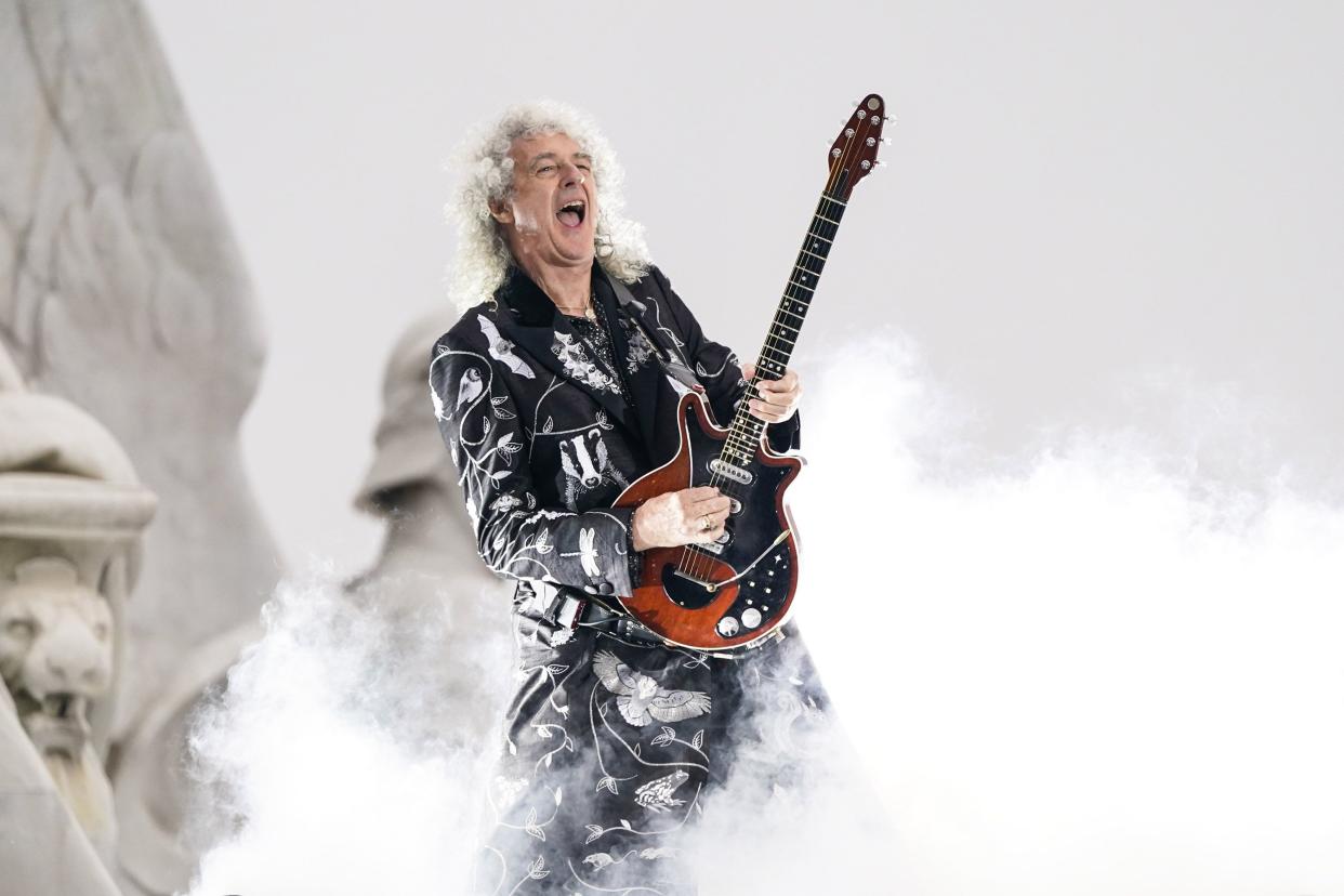 Brian May performs at the Platinum Jubilee concert in front of Buckingham Palace in London on Saturday, June 4, 2022, on the third of four days of celebrations to mark the Platinum Jubilee.