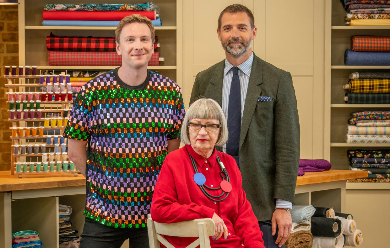 The Great British Sewing Bee returns tonight with Joe Lycett, Esme Young, and Patrick Grant. (BBC/Love Productions/Mark Bourdillon)