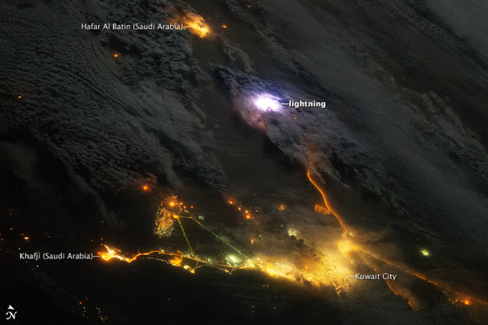 (NASA) Lightning in a storm over Saudi Arabia