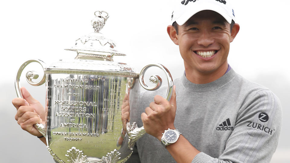 Collin Morikawa, pictured here celebrating with the Wanamaker Trophy after winning the 2020 PGA Championship.