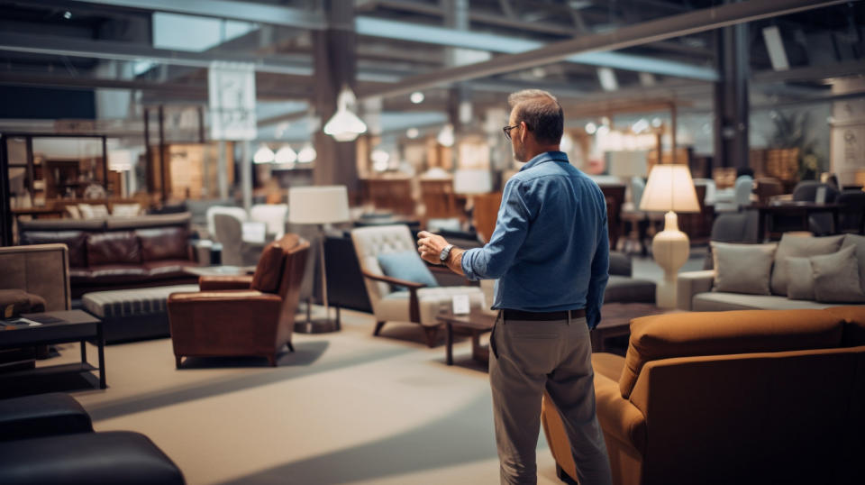 A customer in a furniture showroom, deliberating between different pieces.