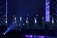 In this Nov. 13, 2018, photo provided by Big Hit Entertainment, K-pop superstars BTS performs during their concert in Tokyo. (Big Hit Entertainment via AP)