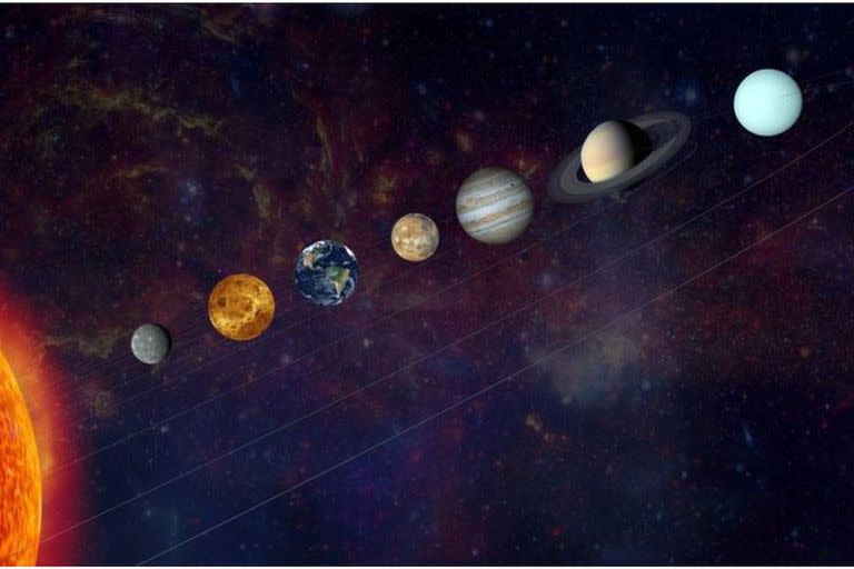 En la imagen artística se ve a Mercurio, Venus, la Tierra, Marte, Júpiter, Saturno, Urano y Neptuno