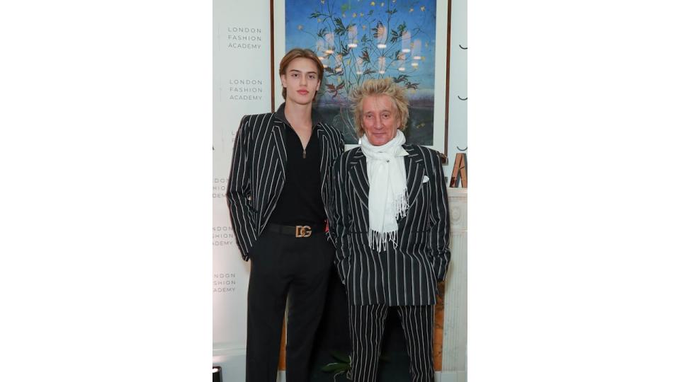 Alastair Stewart and Rod Stewart in striped outfits