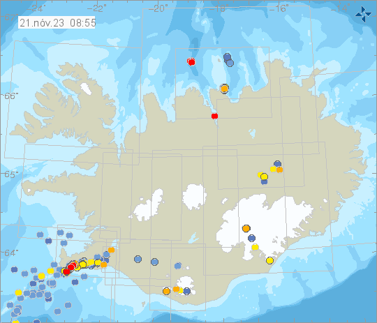 Locations of earthquakes over the past 48 hours (The Icelandic Met Office)