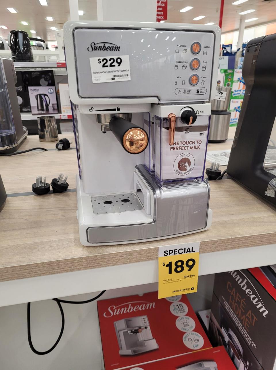 Photo of the Sunbeam Cafe Barista White - EM5000WR coffee machine on the shelf at Big W