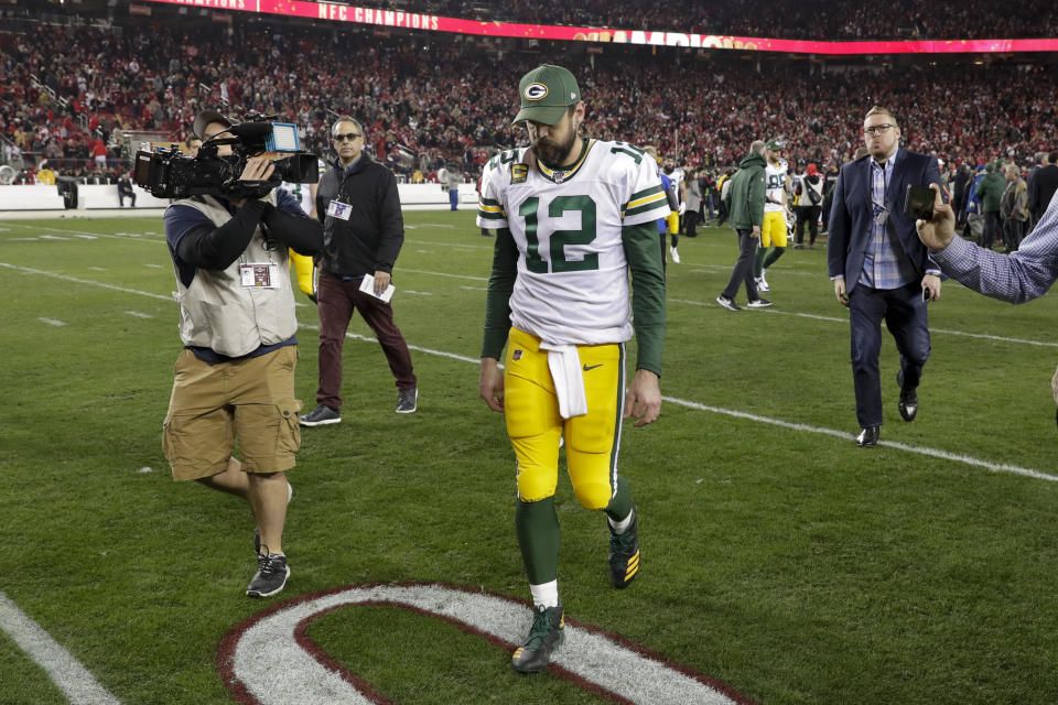 Green Bay Packers quarterback Aaron Rodgers leaves the field after their loss against the San Francisco 49ers in the NFL NFC Championship football game Sunday, Jan. 19, 2020, in Santa Clara, Calif. The 49ers won 37-20 to advance to Super Bowl 54 against the Kansas City Chiefs. (AP Photo/Matt York)