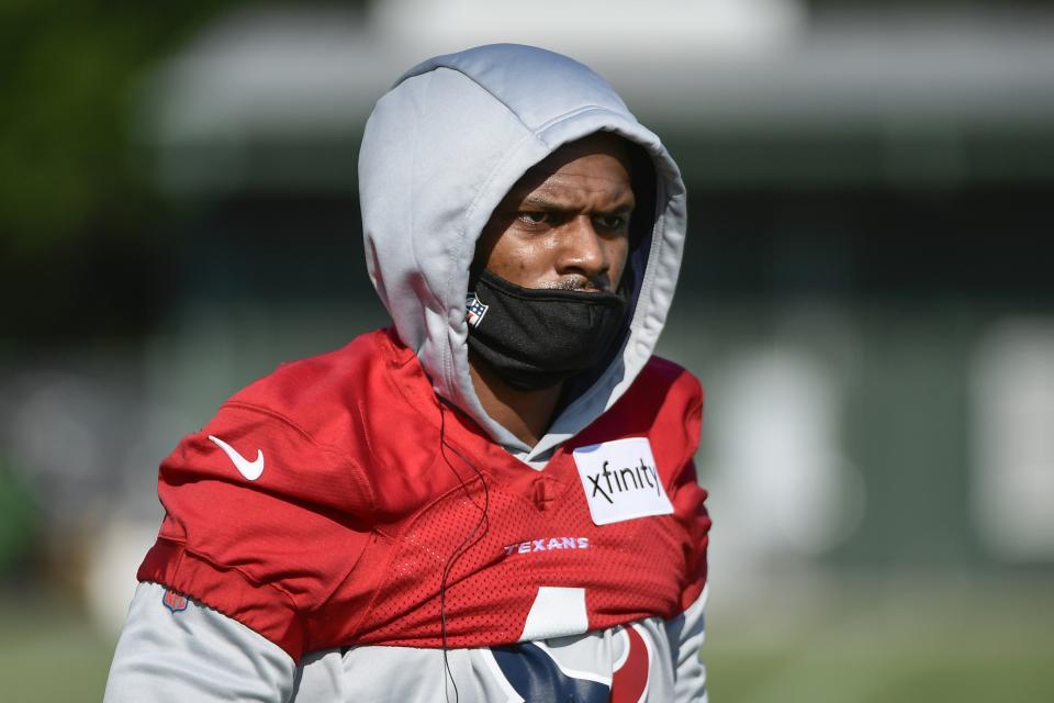 Houston Texans quarterback Deshaun Watson (4) a new drill during NFL football practice Wednesday, July 28, 2021, in Houston. (AP Photo/Justin Rex)