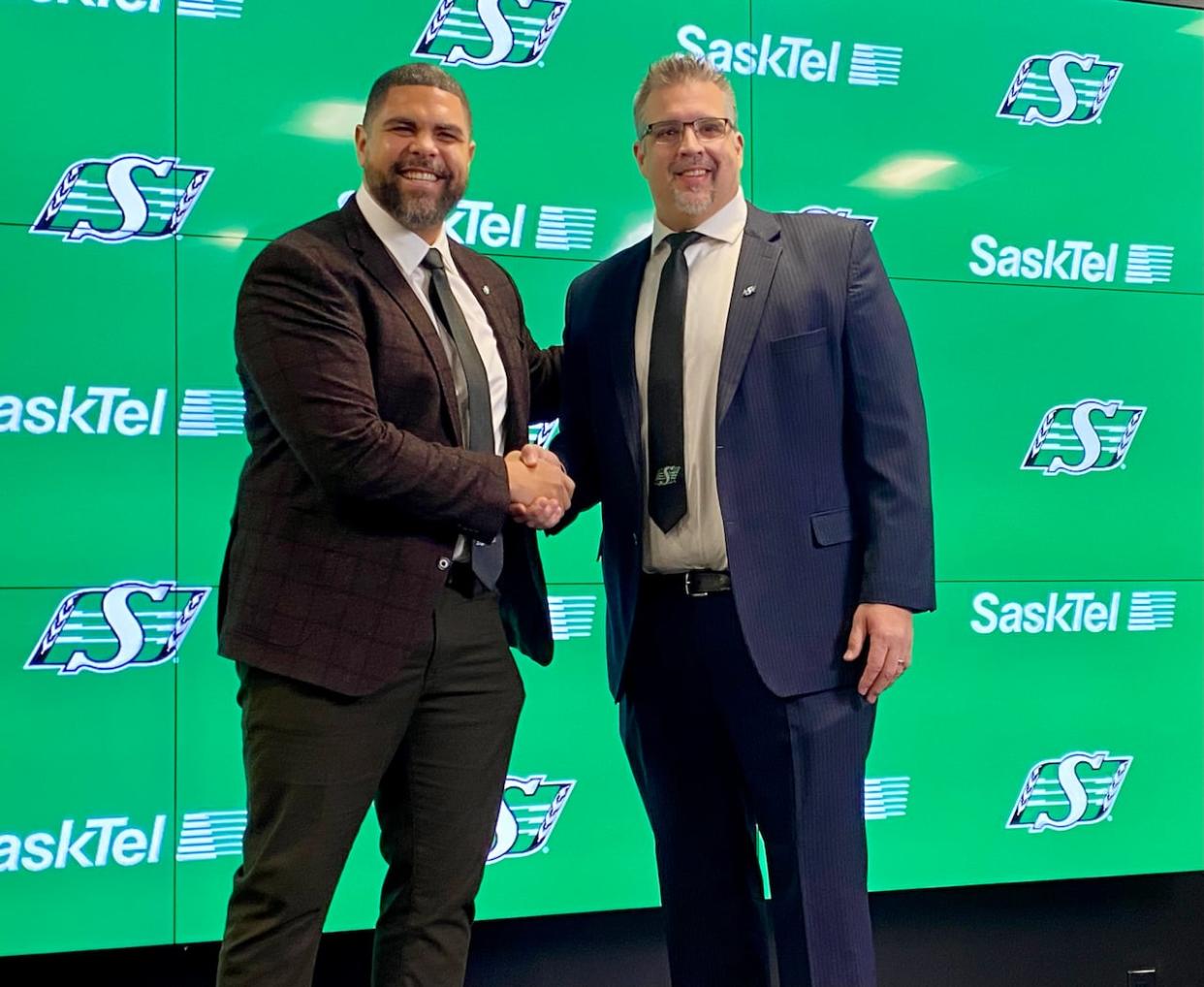 Saskatchewan Roughriders new head coach Corey Mace, left, and general manager Jeremy O'Day will be busy over the next week contacting CFL free agents. (Adam Hunter/CBC - image credit)