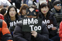 <p>Female workers supporting the #MeToo movement and wearing black attend a rally to mark International Women’s Day in Seoul, South Korea, on March 8, 2018. (Photo: Ahn Young-joon/AP) </p>