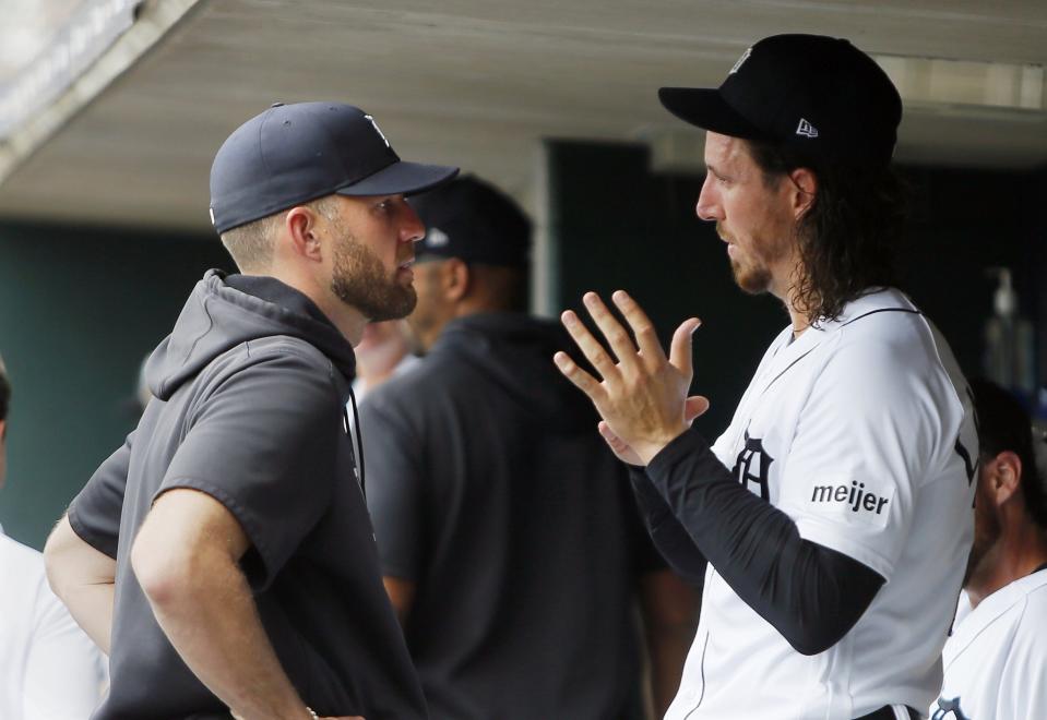 Tiger pitching coach Chris Fetter talks with pitcher Michael Lorenzen during the first inning of the Tigers' 9-0 win over the Athletics on Thursday, July 6, 2023, at Comerica Park.