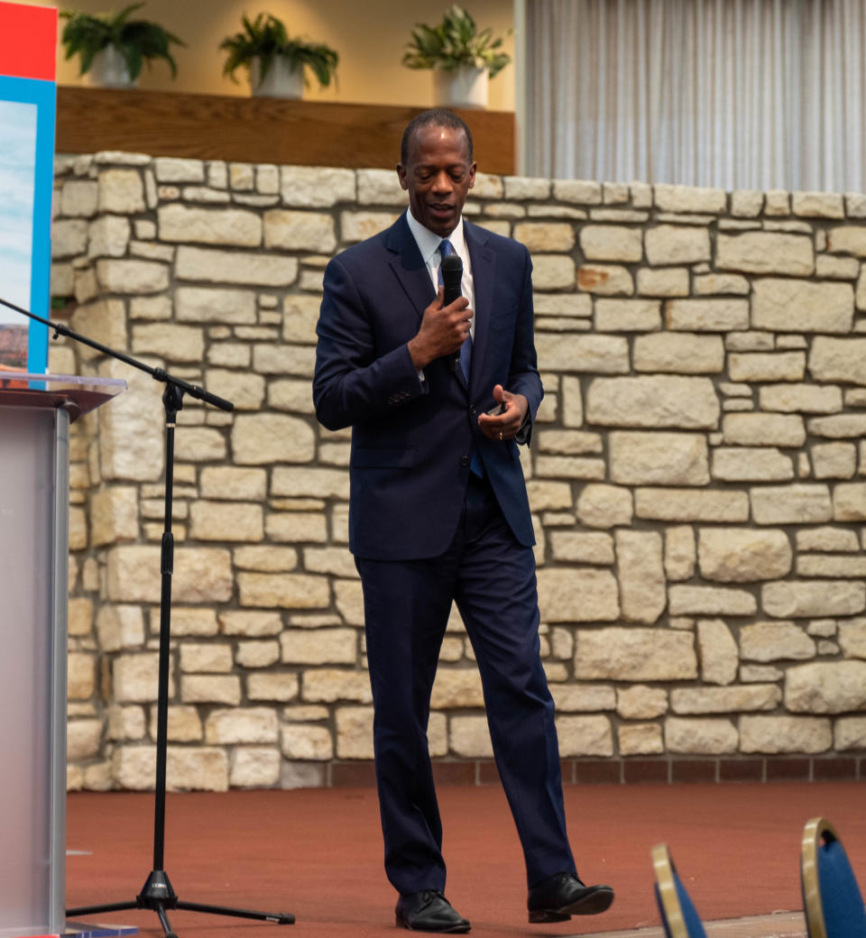 Aaron Demerson, president of the Texas Economic Development Corporation, addresses the crowd at the AEDC State of the Economy Tuesday at the Amarillo Civic Center.