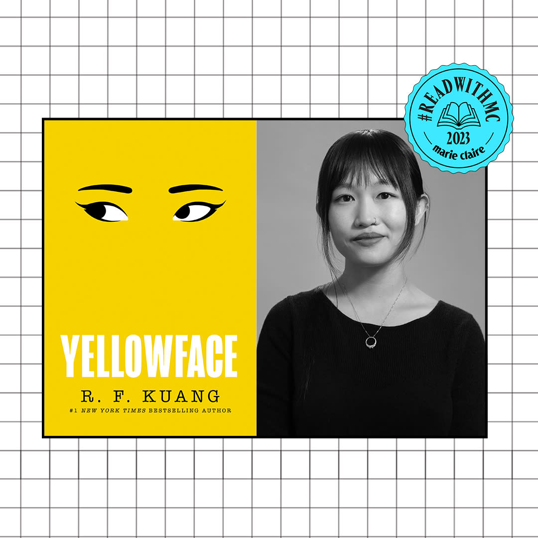  R.F. Kuang and 'Yellowface' book cover on white grid with blue ReadWithMC 2023 Marie Claire stamp  