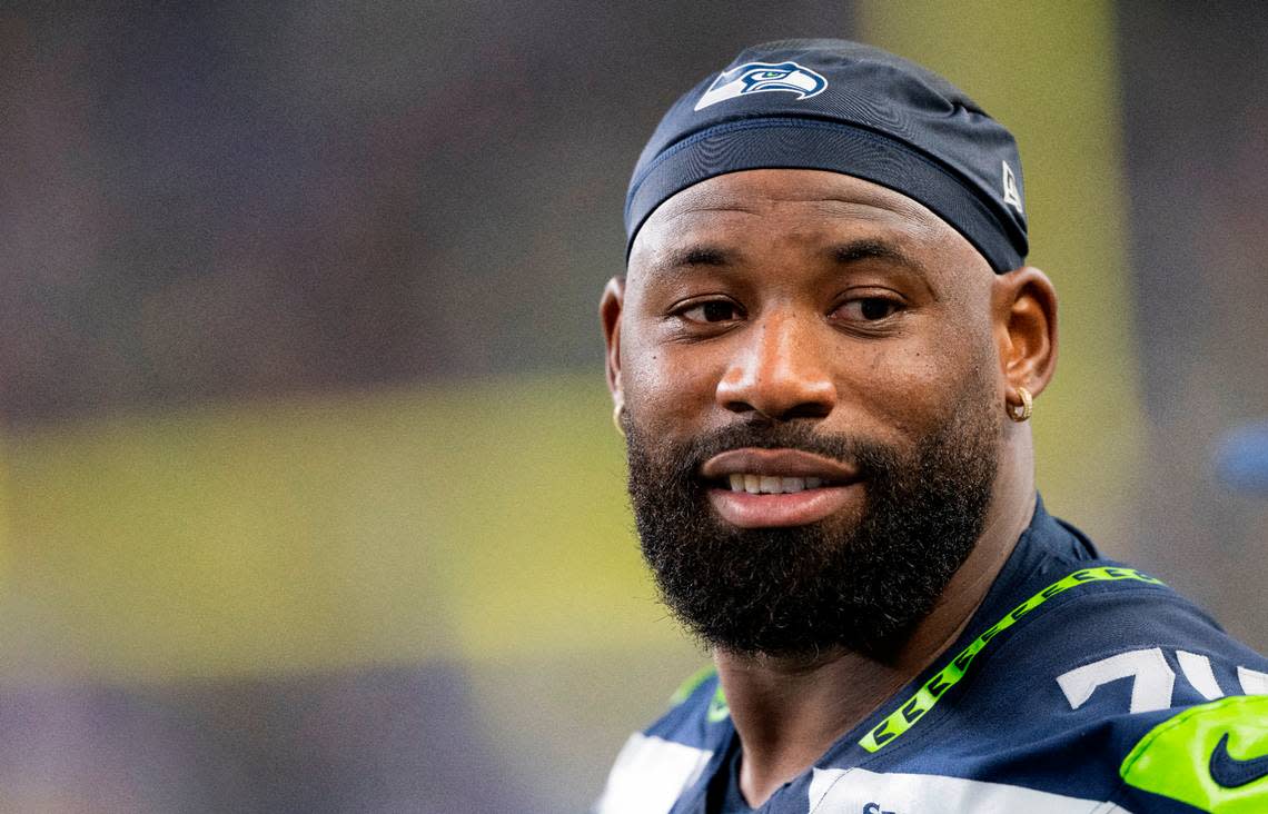 Seattle Seahawks offensive tackle George Fant (74) watches from the sidelines during the second quarter of the preseason game against the Cleveland Browns at Lumen Field, on Saturday, Aug. 24, 2024 in Seattle, Wash.