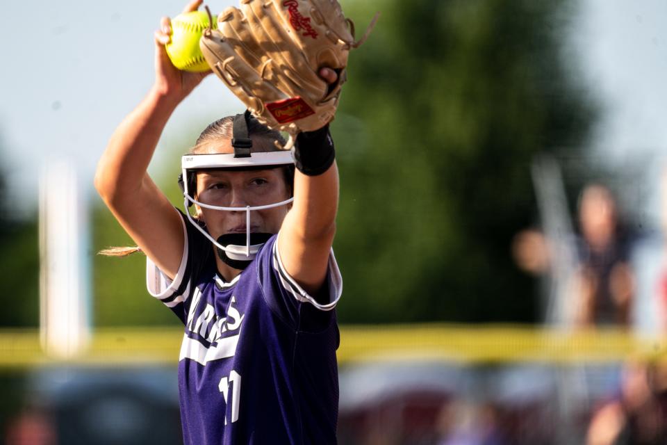 Norwalk's Zadie Wadle pitches during day one of the Iowa high school state softball tournament on Monday, July 17, 2023 in Fort Dodge. 