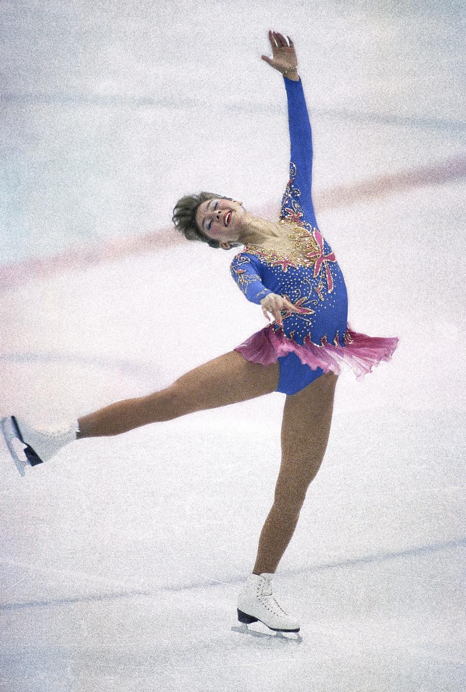 Caryn Kadavy twirls on the ice during a short program presentation in the Olympic women's figure skating, Feb. 25, 1988, in Calgary, Canada. Kadavy finished fifth in this event. The first Erie native to take part in a Winter Olympics, in Calgary, she was in sixth place overall after the performance shown here, but withdrew from competition with the flu.