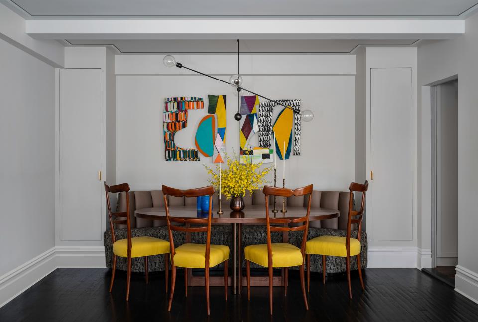 “The dining room didn’t have a lot of natural light—it’s kind of a gray box. So we said, let’s do neon,” Rockwell explains of the space, where a walnut dining table by Stillmade from Fair Design and an Apparatus chandelier are surrounded by 1950s Italian chairs from Bourgeois Boheme covered in said neon upholstery from Dedar. The artwork by Justine Hill pulls it all together.