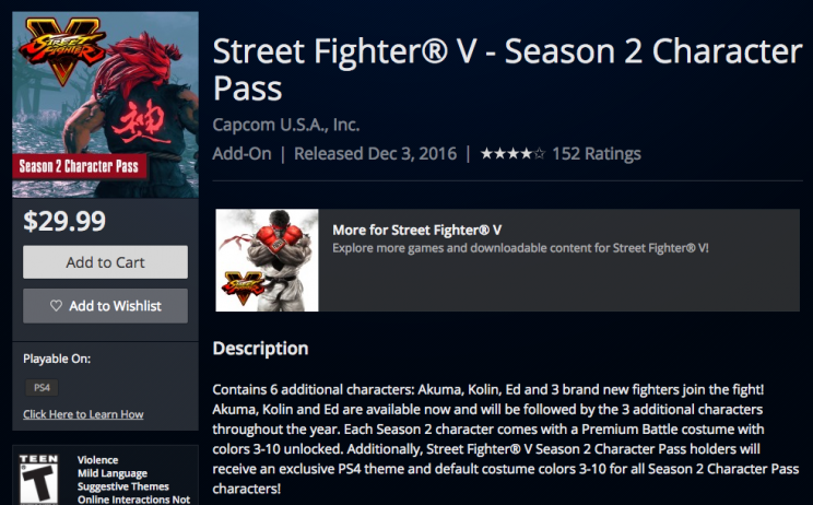 Street Fighter V Season 2 Character Pass PlayStation Store page