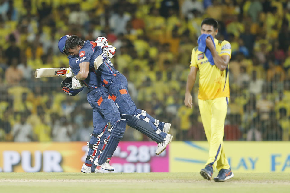 Lucknow Super Giants' Marcus Stoinis celebrates after scoring the winning runs in the Indian Premier League cricket match between Chennai Super Kings and Lucknow Super Giants in Chennai, India, Tuesday, April 23, 2024. (AP Photo/R.Parthiban)