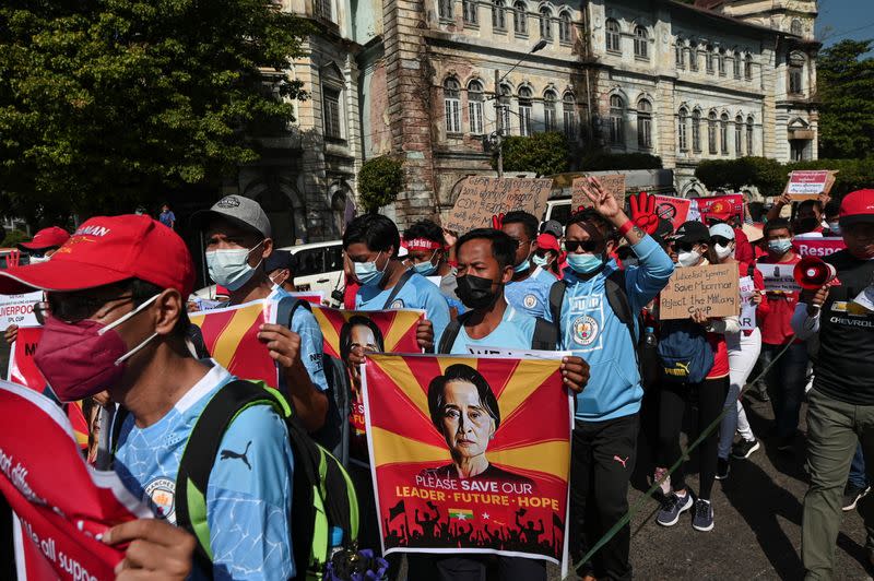 Demonstrators protest against the military coup and demand for the release of elected leader Aung San Suu Kyi, in Yangon