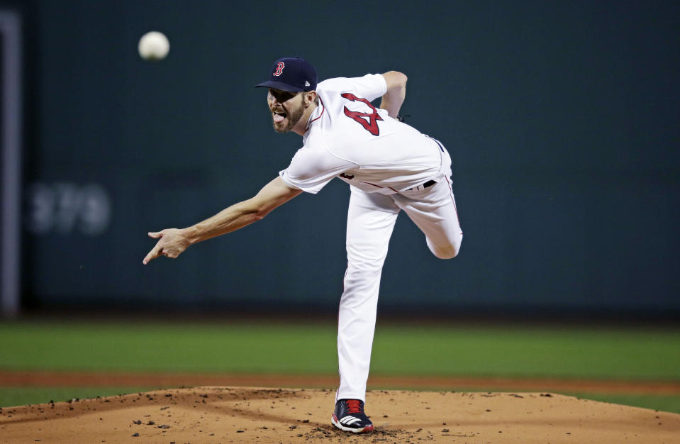 Boston Red Sox starting pitcher Chris Sale delivers during the first inning of a baseball game against the Toronto Blue Jays at Fenway Park in Boston, Tuesday, Sept. 11, 2018. (AP Photo/Charles Krupa)