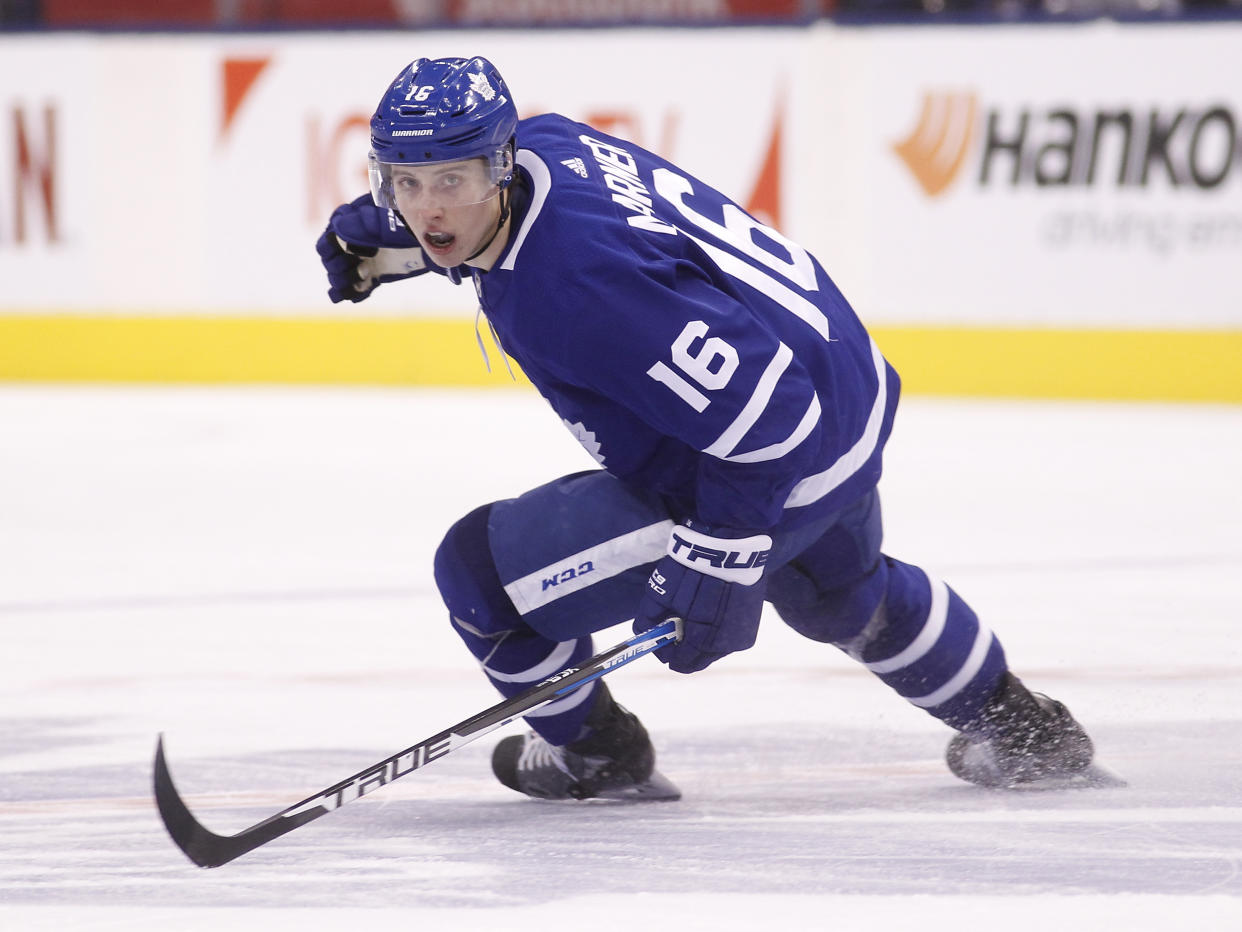 Apr 4, 2019; Toronto, Ontario, CAN; Toronto Maple Leafs forward Mitch Marner (16) skates against the Tampa Bay Lightning during the second period at Scotiabank Arena. Mandatory Credit: John E. Sokolowski-USA TODAY Sports
