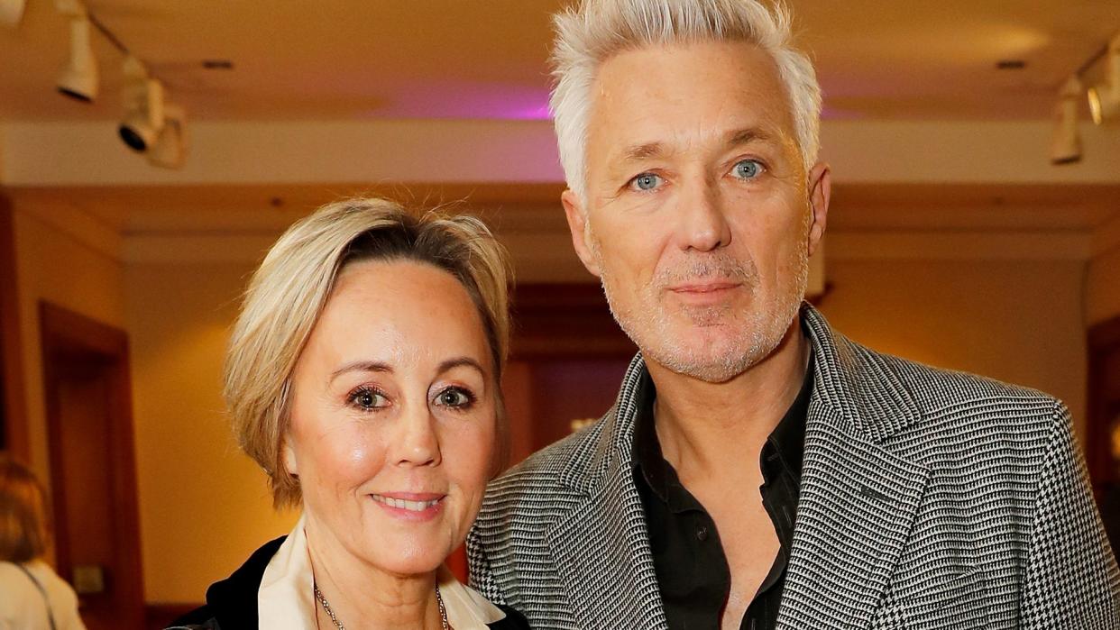 Shirlie Kemp in a black jacket and Martin Kemp in a black and white jacket