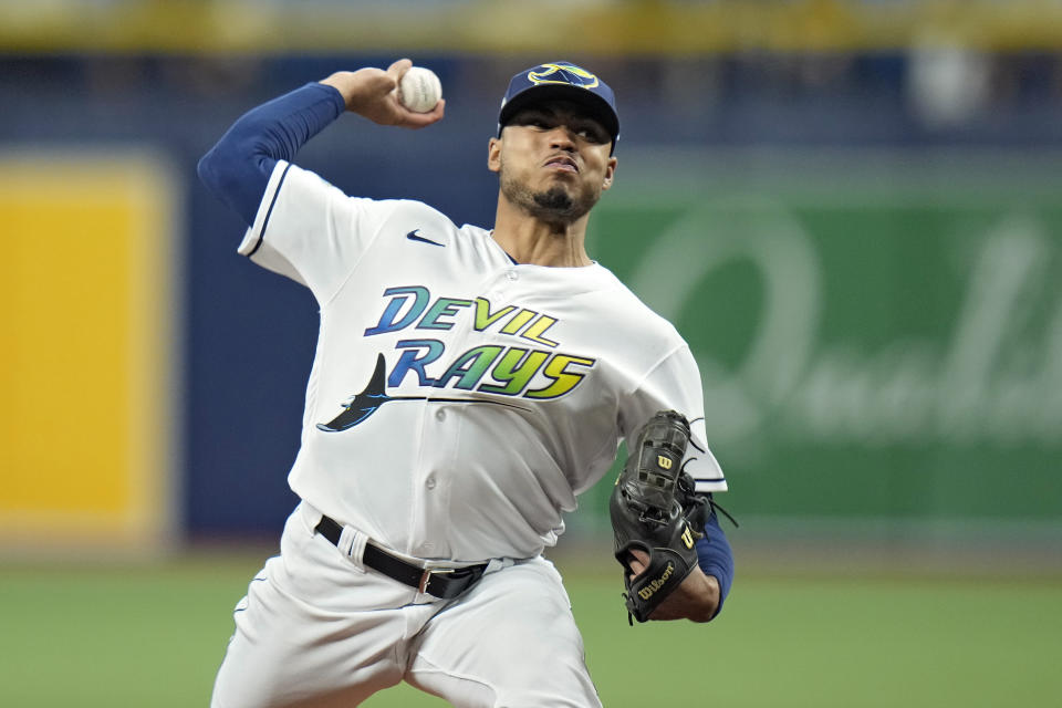 Tampa Bay Rays starting pitcher Taj Bradley delivers to the Seattle Mariners during the first inning of a baseball game Friday, Sept. 8, 2023, in St. Petersburg, Fla. (AP Photo/Chris O'Meara)