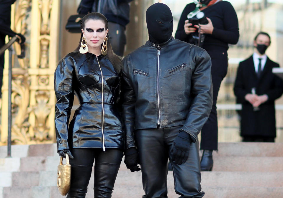 <p>Julia Fox and Kanye West keep it coordinated on Jan. 24 outside the Schiaparelli fashion show during Paris Fashion Week.</p>