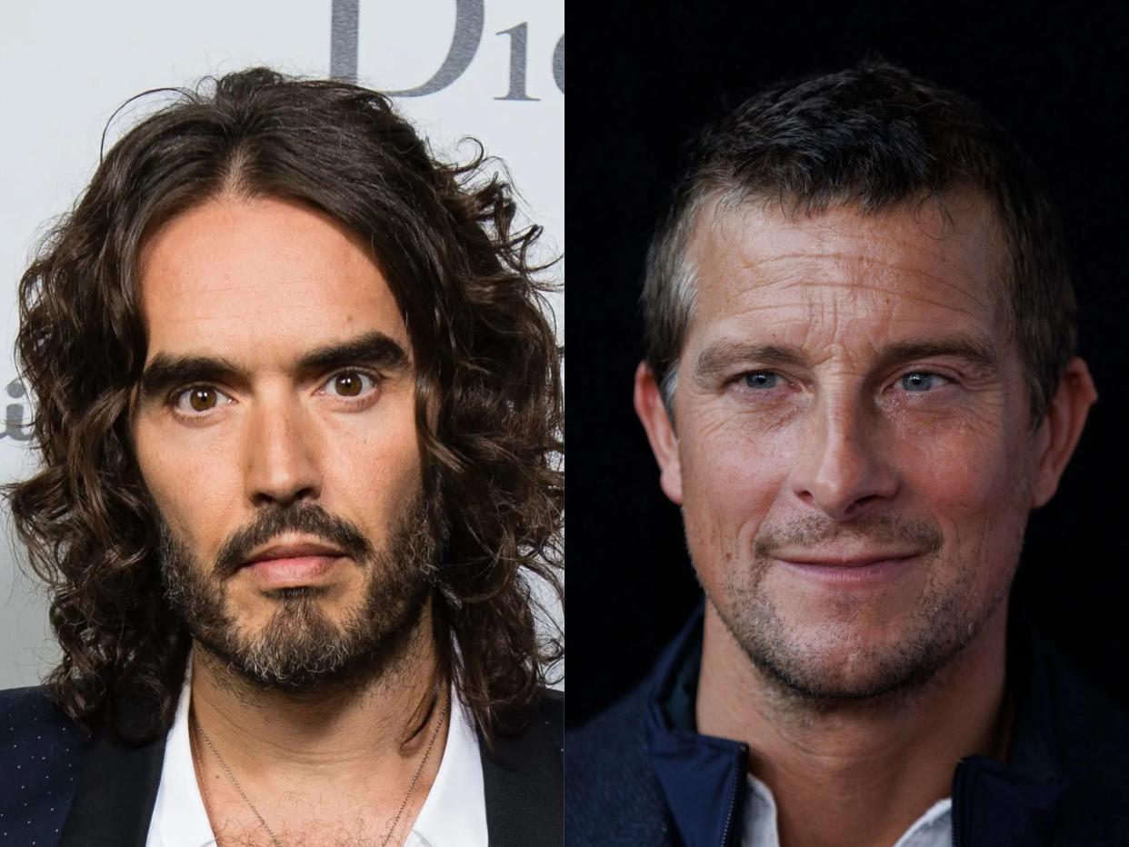 left: russell brand with trimmed facial hair and his hair worn curly down to his shoulders, looking at the camera; right: bear grylls smiling, his hair and facial hair trimmed but slightly rugged