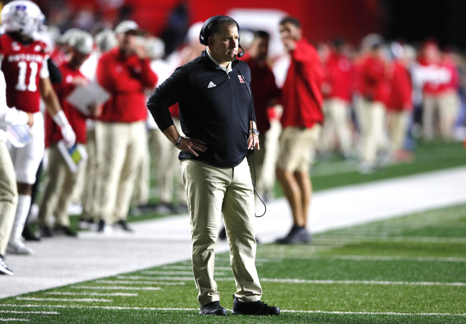 Rutgers head coach Greg Schiano reacts during the second half of an NCAA football game against Michigan, Saturday, Nov. 5, 2022, in Piscataway, N.J. (AP Photo/Noah K. Murray)