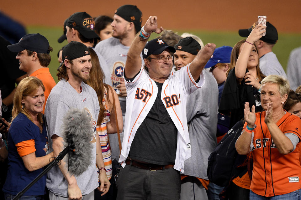 <p>Josh Reddick #22 of the Houston Astros celebrates with his mother Cheryl and father Kenny after defeating the Los Angeles Dodgers 5-1 in game seven to win the 2017 World Series at Dodger Stadium on November 1, 2017 in Los Angeles, California. (Photo by Kevork Djansezian/Getty Images) </p>