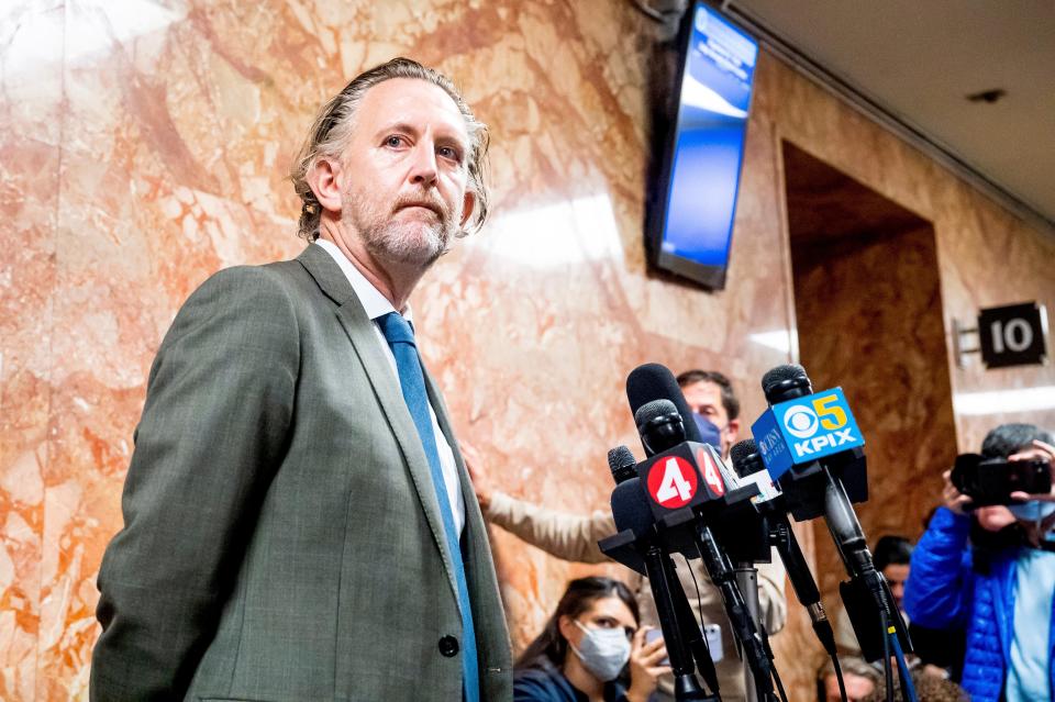 San Francisco deputy public defender Adam Lipson, attorney for David DePape, who is accused of attacking House Speaker Nancy Pelosi's husband Paul Pelosi, speaks with reporters in San Francisco Superior Court on Tuesday.