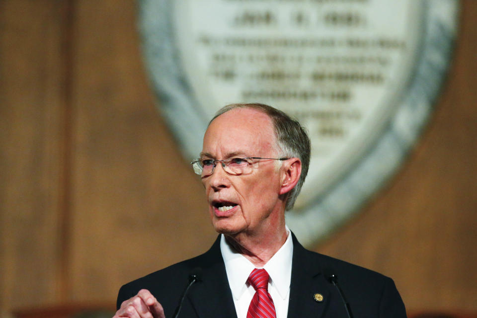 FILE - In a Feb. 7, 2017 file photo, Alabama Gov. Robert Bentley speaks during the annual State of the State address at the Capitol, in Montgomery, Ala. Former Alabama Gov. Robert Bentley, who resigned amid a scandal, has reached a settlement agreement to end a wrongful dismissal lawsuit filed by his ex-law enforcement secretary who aired the charges that triggered the scandal. Former Law Enforcement Secretary Spencer Collier and Bentley’s attorney confirmed the agreement Thursday, June 13, 2019. (AP Photo/Brynn Anderson, File)