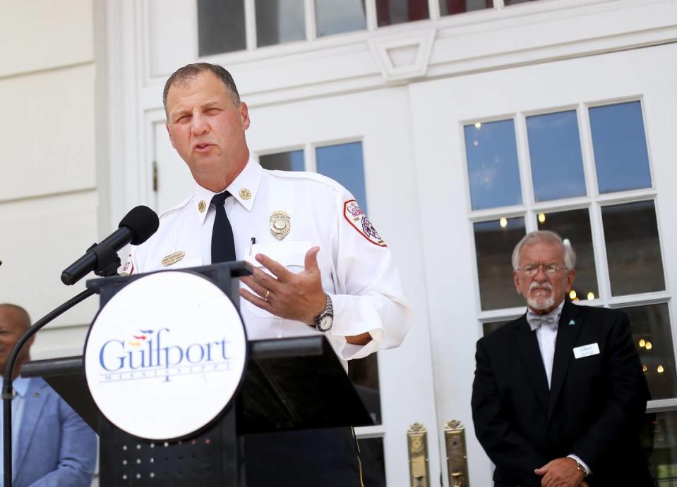 Former Gulfport Fire Department Chief Mike Beyerstedt speaks during a press conference in 2018, to announce that the Mississippi State Rating Bureau has upgraded Gulfport’s Public Fire Protection Rating to the first Class 2 rating ever issued by the state. Beyerstedt passed away this week.