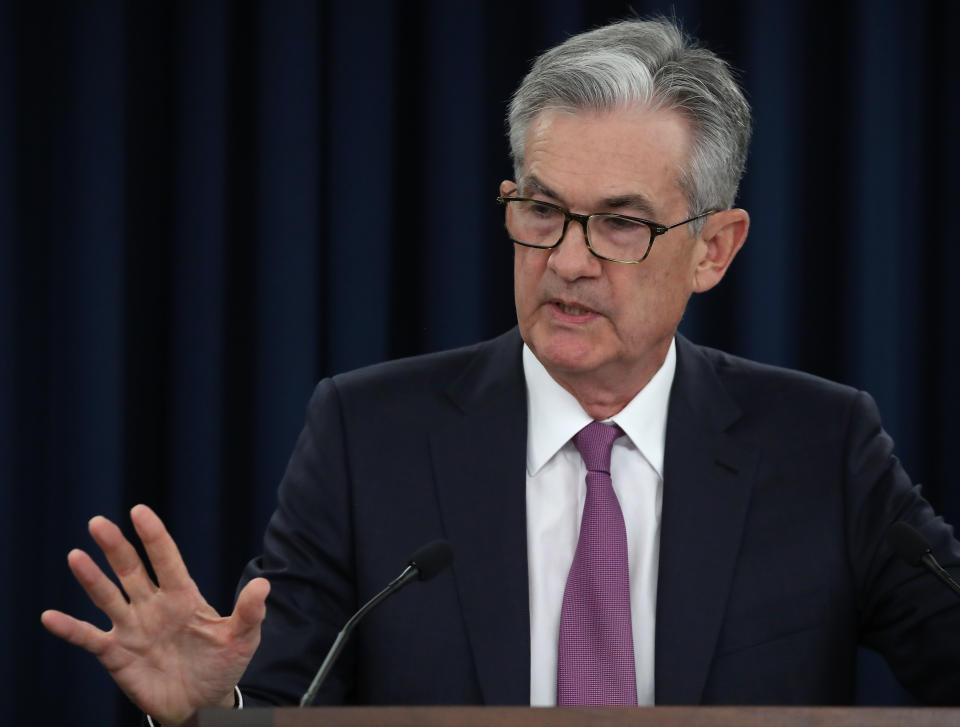 WASHINGTON, DC - JUNE 19: Federal Reserve Board Chairman Jerome Powell speaks during a news conference after the attending the Board’s two-day meeting, on June 19, 2019 in Washington, DC. Powell said the Fed will keep rates steady and hinted at a possible rate cut later in the year.  (Photo by Mark Wilson/Getty Images)